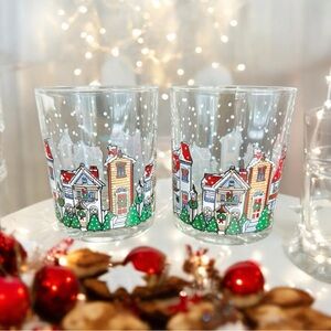 2 Vintage Glass Cups Christmas Winter Village Snowing Scene 4.25 In Pre-owned
